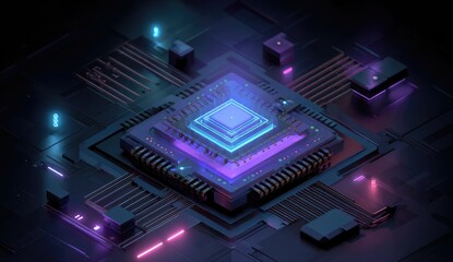 3D render of a central processor chip on circuit board, glowing neon accents