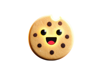 Cute Happy Cookie with Facial Features and Bite Mark on Transparent Background