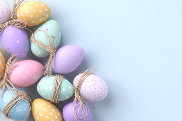 Pastel Easter eggs tied with twine on a light blue background