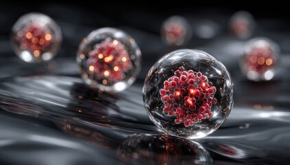 Clear spheres, glowing red clusters