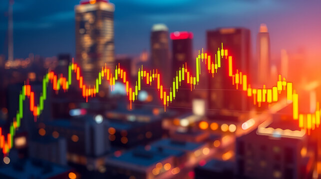 Abstract glowing big data forex candlestick chart on blurry city backdrop. Trade, technology, investment and analysis concept