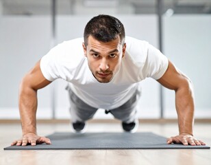 Fototapeta premium Man Doing Push-ups on Mat, Focused Expression
