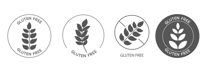 Set various Gluten free icons, dietary food badge. Minimal line grain organic design. Gluten free sign or stamp. Wheat symbol.
