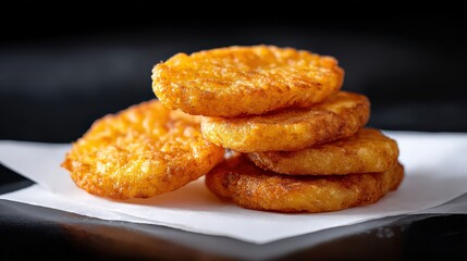 Stack of crispy oval hashbrowns on paper napkin symbolizing classic American breakfast comfort food side dish