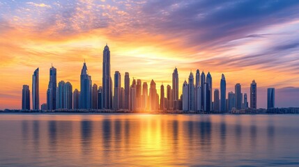 Obraz premium Golden sunset skyline reflection over calm waters