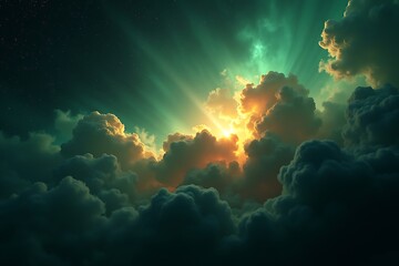 Fototapeta premium Dreamy sky cloudscape wallpaper with sun rays shining through clouds nature background desktop wallpaper