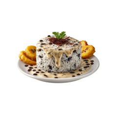 Creamy White Sauce Rice with Black Beans, Fried Plantains, and Beef Topping