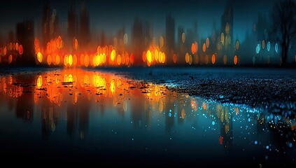 City lights reflected in a puddle at night