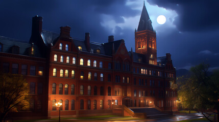 Fototapeta premium Historic brick building illuminated under a full moon at night.