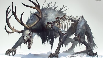 Obraz premium Illustration of a mythical creature with antlers and skeletal frame in a snowy landscape.
