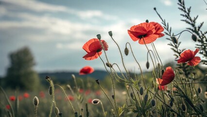 Red Poppy Flowers Blooming in a Peaceful Meadow Under Natural Light