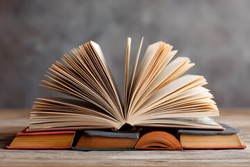 Naklejka premium Open book, hardback books on wooden table. Educationbackground. Back to school Copy space for text.
