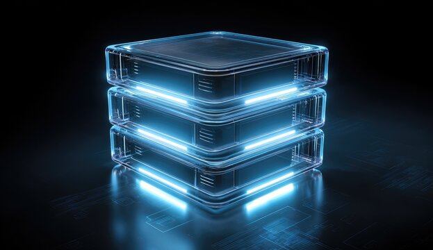 Transparent server stack, glowing blue light