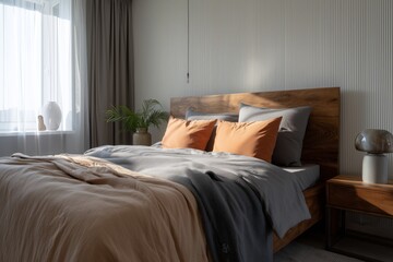 Fototapeta premium A bright and airy bedroom design with Scandinavian influences featuring neutral tones and a serene ambiance