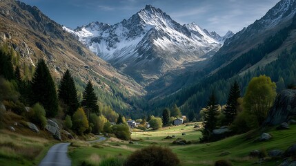 Fototapeta premium Swiss alpine village sunset street scene with snow mountains, golden hour aerial view, red roof houses green fields road, cinematic hyperrealistic landscape