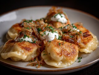 Delicious Pierogi Plate with Fried Onions, Sour Cream and Chives - Traditional Polish Cuisine