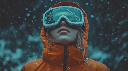 Young woman in an orange jacket with frosted goggles gazes at falling snow.