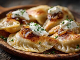 Delicious Fried Pierogi with Sour Cream, Caramelized Onions, and Fresh Chives on Wooden Plate - Traditional Polish Cuisine
