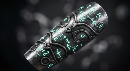 Ancient artifact with glowing runes, mystical engraved metal wristband with intricate patterns and otherworldly symbols