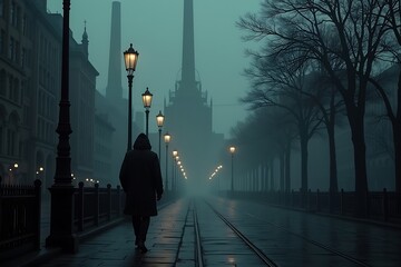 Man walking in foggy city street with vintage lampposts and industrial buildings background in dark atmosphere