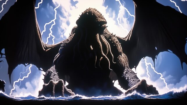 cthulhu, emerges during storm, dramatic display of power and mystery.