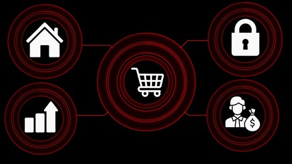 White icons for shopping home security growth and money on black background with red circles shopping cart icon