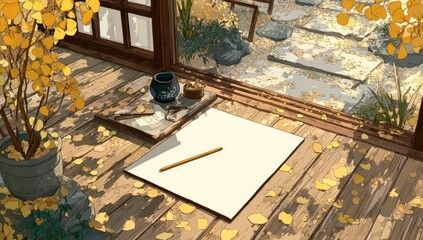 Autumnal zen workspace, fall leaves