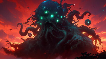 Surreal cosmic creature with glowing eyes amidst a fiery sunset sky.