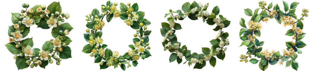 Fototapeta premium Four wreaths made of green leaves and small white flowers, isolated on transparent background