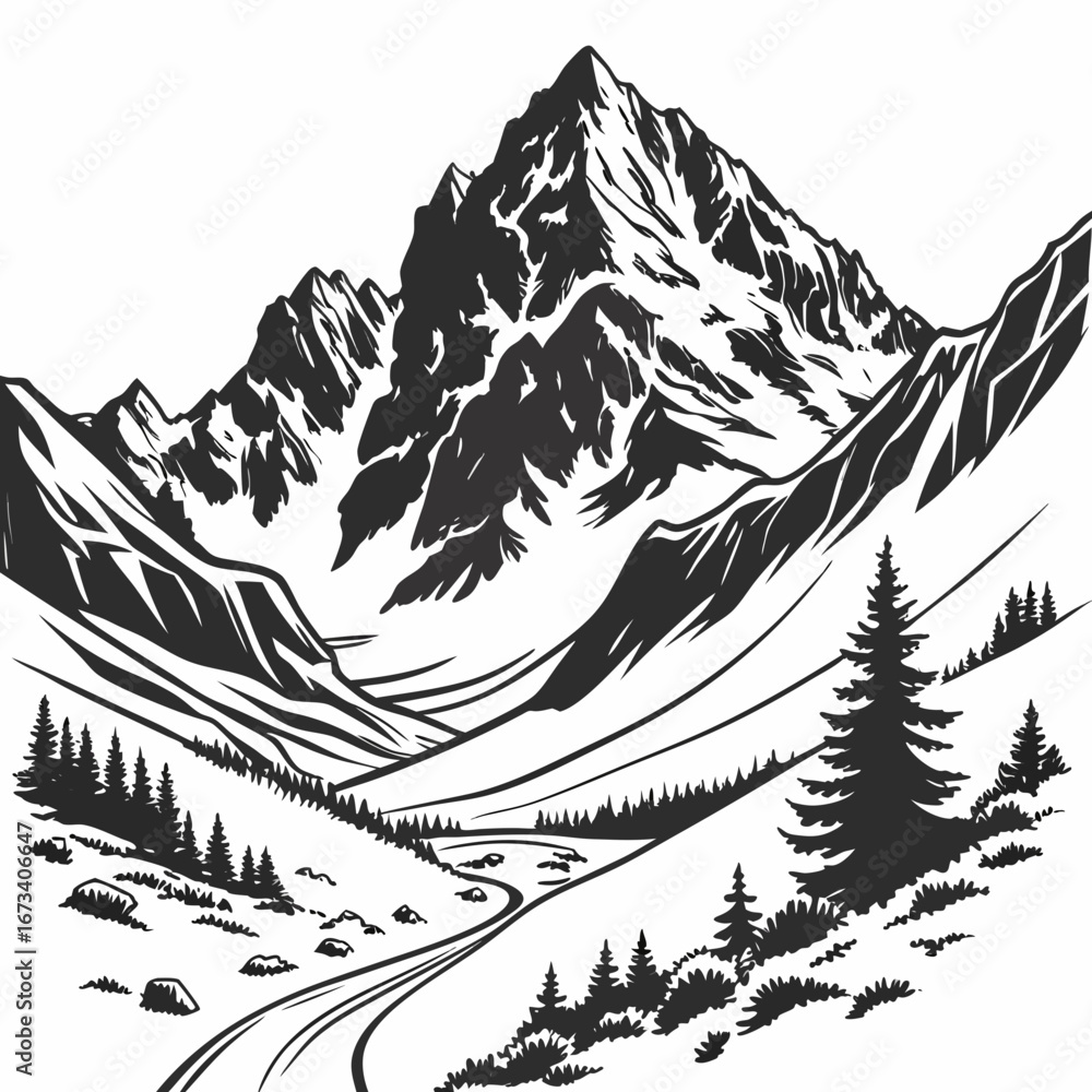 Poster illustration of a mountain range with a winding path and trees in a black and white landscape scene 