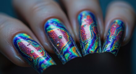 Obraz premium Close-up of a hand with vibrant, iridescent, multi-colored abstract nail art, showcasing a unique and mesmerizing fluid design