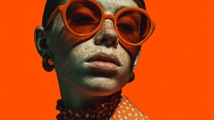 Confident Woman with Freckles Wearing Bold Round Orange Sunglasses and Retro Polka Dot Outfit Against Bright Orange Backdrop in High-Contrast Editorial Fashion Portrait with Vintage Aesthetic