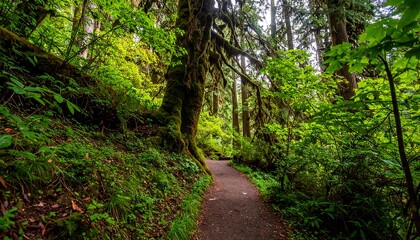 Fototapeta premium Lush forest path winding through green trees