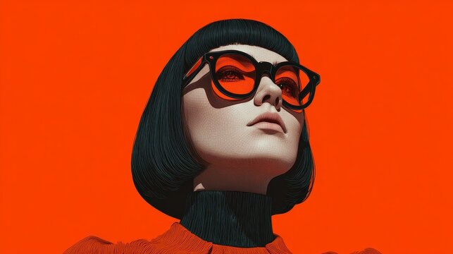 Stylish Woman with Sleek Black Bob Haircut Wearing Bold Red Sunglasses and High-Fashion Outfit Against Vibrant Orange Background in Modern Editorial Portrait with Retro-Futuristic Aesthetic