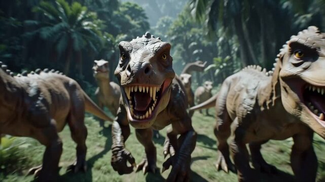 Digital Illustration of a Pack of Dinosaurs Charging Forward Through a Jungle Environment
