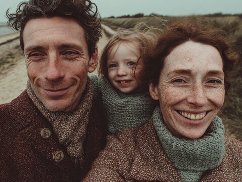 Happy Family of Three Wearing Cozy Wool Sweaters Smiling Outdoors on Windy Coastal Path During Autumn, Capturing a Warm and Candid Moment in Natural Light and Rustic Setting