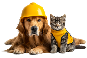 Dog and cat wear yellow construction gear together