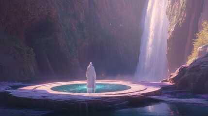 Obraz premium Girl in white robes entering a glowing circle near a mystical waterfall.
