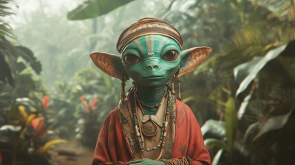 Green alien with tribal tattoos in a jungle, donning traditional attire.