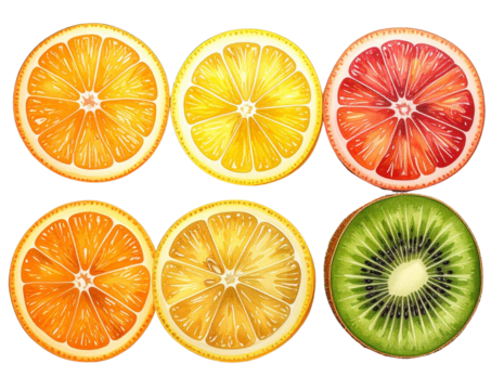 Fruit Slice Icon Set with Orange, Lemon, and Kiwi, hand-drawn sketch style, isolated on transparent background - Powered by Adobe
