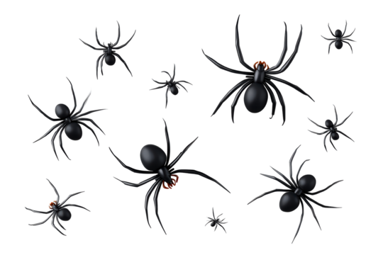 Creepy black spiders with transparent background