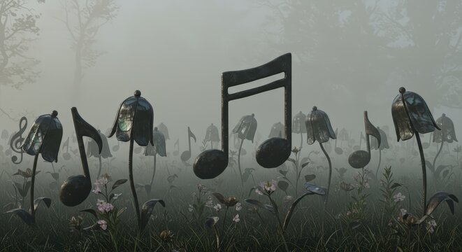 A melancholic garden where flowers are not blooms, but closed musical notes and rests, sculpted from black iron and mother-of-pearl. They stand eternally dormant in a misty field, never to be played. - Powered by Adobe