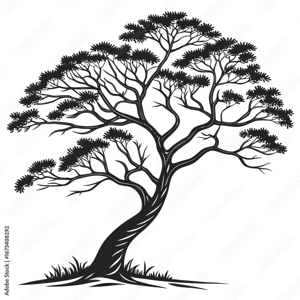 Poster silhouette of a stylized tree with dense foliage and a curved trunk on a white background image art 