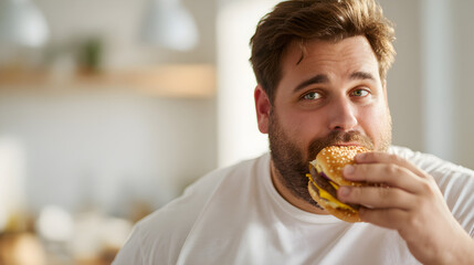 Plus-size man enjoying hamburger while sitting in informal kitchen  