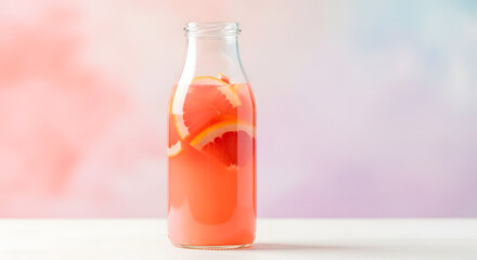 Homemade pink grapefruit lemonade in a clear glass bottle with fresh citrus slices, a refreshing and healthy summer detox drink