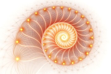 Obraz premium Close up of a translucent nautilus shell with glowing orange pearls on a white background