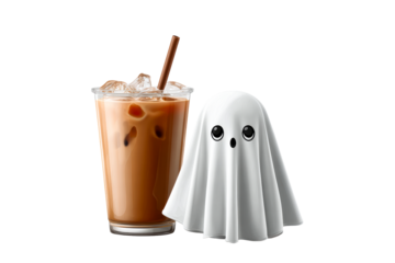 Cute ghost next to iced coffee in playful setting