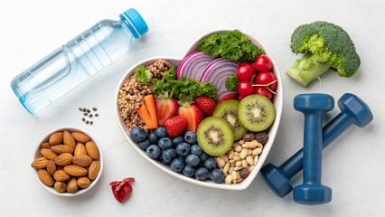 Discovering healthy living with nutritious food in a heart-shaped bowl and a refreshing water bottle on a bright, modern table