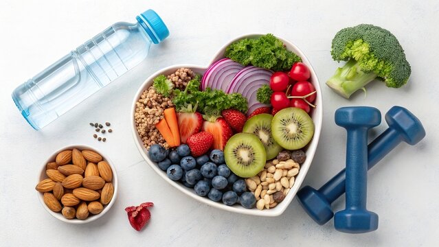 Discovering healthy living with nutritious food in a heart-shaped bowl and a refreshing water bottle on a bright, modern table - Powered by Adobe