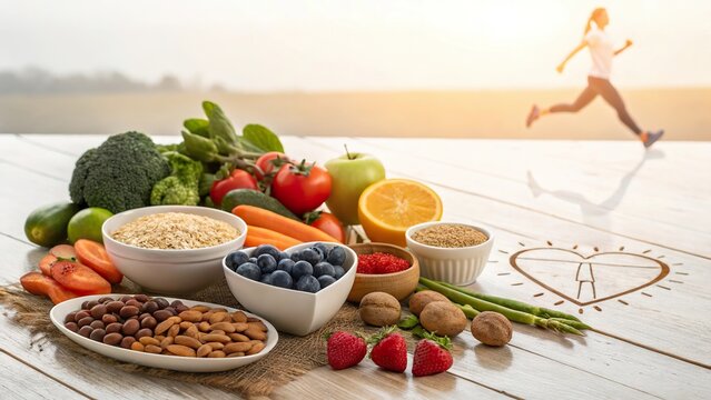 Heart healthy food choices inspire an energetic lifestyle with vibrant fruits and vegetables at sunset